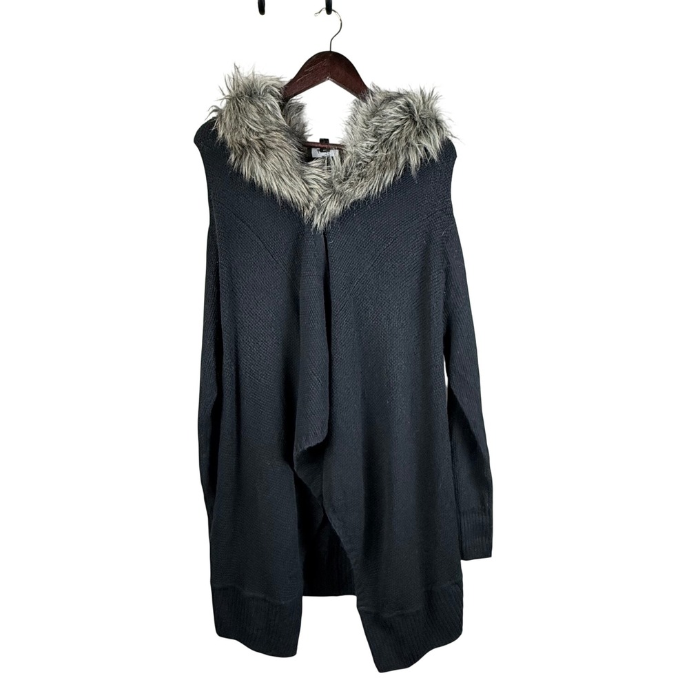 Dennis Basso Knit Cardigan Women's L Black Faux Fur‎ Collar